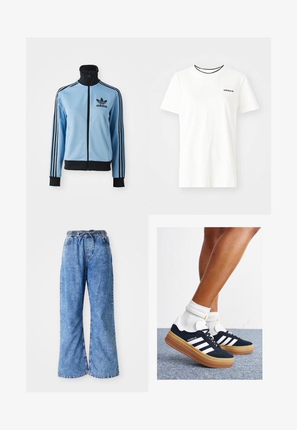 Šviesiai mėlyna Adidas sportinė striukė su juodu kaklu, rankogaliais, apatine dalimi, trimis juodomis juostelėmis ant rankovių ir Adidas logotipu kairėje krūtinės pusėje.; Balta medvilnė marškinėliai su trumpomis rankovėmis ir apvalia iškirpte. Ant krūtinės yra juodas Adidas logotipas, o vidinė apykaklė yra kontrastinga juoda.; Šviesiai mėlynos džinsinės plačių kojų kelnės su elastinga juostele ir raišteliu. Yra dvigubai siūti siūlės ir žali kraštai. Kišenių nematyti.; Juodi zomšiniai sportbačiai su baltais dryžiais ir akcentais, apvalios nosies, guminio, gumos pado, derinami su baltais raitytais vidutinio ilgio kojinaitėmis.