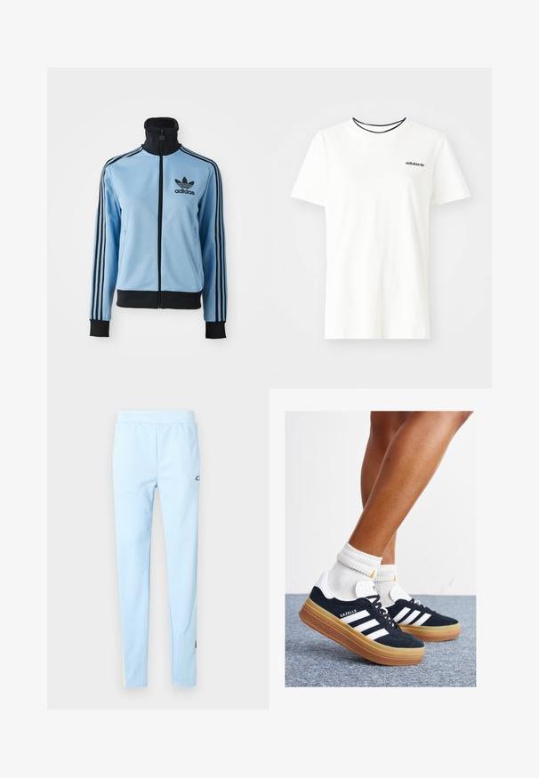 Svetlo modra Adidas jakna za sledenje z črnim ovratnikom, manšetami, spodnjim robom, tremi črnimi črtami na rokavih in Adidasovim logotipom na levi strani prsi.; Bela bomba majica iz bombaža s kratkimi rokavi in okroglim izrezom. Ima črni Adidas logotip na prsih ter kontrastni črni notranji ovratnik.; Svetlo modri športni hlače z gladko teksturo, elastičnim pasom in diskretnim vzorcem. Imajo logo blizu bokov in barvne poudarke na robu.; Črni antilop superge z belimi črtami in poudarki, okrogel prst, gumijasti podplat, kombinirane z belimi rebrastimi nogavicami.