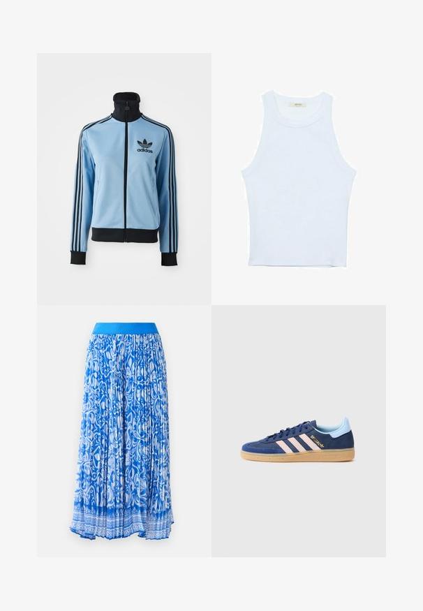 Jasnoniebieska kurtka treningowa Adidas z czarnym kołnierzem, mankietami i dołem, trzema czarnymi paskami na rękawach oraz logo Adidas po lewej stronie na klatce piersiowej.; Biały top bez rękawów, prążkowana tekstura, okrągły dekolt, dopasowany krój, subtelne logo na metce wewnątrz obszaru kołnierza.; Niebieska plisowana spódnica z białym, misternym wzorem kwiatowym, z jednolitą niebieską talią. Materiał ma gładką, płynącą teksturę.; Niebieskie zamszowe sneakersy z trzema różowymi paskami, gumową podeszwą i subtelnym brandingiem. Zawierają kontrastujący jasnoniebieski uchwyt na pięcie oraz teksturowany nosek.