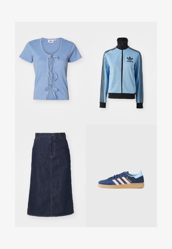 Világoskék Adidas tréningdzseki fekete gallérral, mandzsettákkal és aljjal, három fekete csíkkal az ujjakon és Adidas logóval a bal mellrészen.; Világoskék bordázott póló rövid ujjakkal, mély V-nyakkivágással és elől lehúzható megkötővel a méretállításhoz. A márkaneve hímzett a mellkason.; Sötét farmer szoknya magas derékkal, egyenes szabással, elülső zsebekkel és varrott varrásokkal. A deréknál cipzáros és gombos záródással rendelkezik.; Kék velúr sportcipő három rózsaszín csíkkal, rágógumi talppal és diszkrét márkajelzéssel. Szembetűnő világoskék hátsó füle és textúrázott orrdozata van.