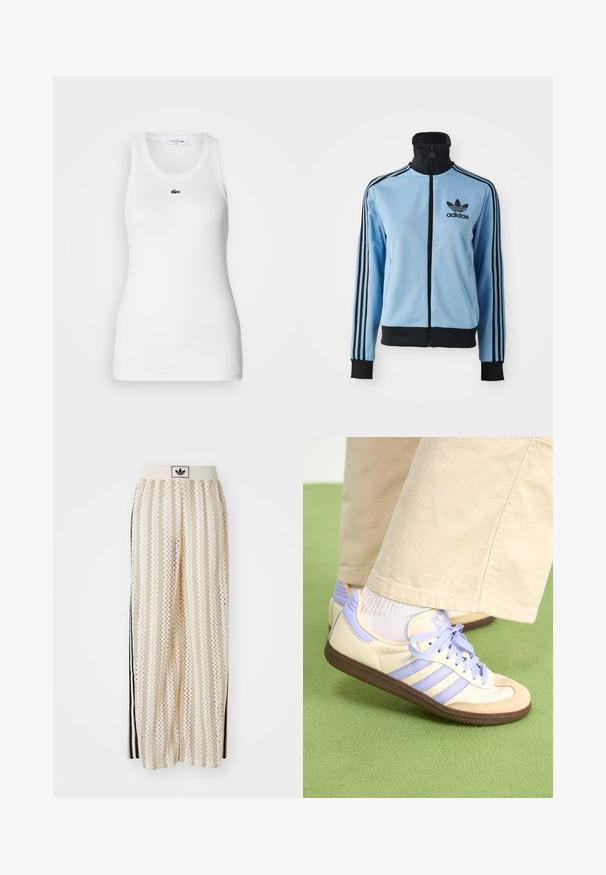 Lyseblå Adidas treningsjakke med svart krage, mansjetter, hem og tre svarte striper på armene, samt Adidas-logo på venstre bryst.; Hvit ermeløs tank topp med rund hals og ribbestruktur. Har et lite grønt Lacoste krokodillelogo på brystet.; Kremfargede bukser med brede ben og zigzag-mønster, med en svart logo-linning og svarte striper på siden. Lett, teksturert stoff.; Kremfargede og lavendelfargede joggesko med tre striper og en teksturert brun såle, med lisser og en polstret hæl. Mykt stofføvre.