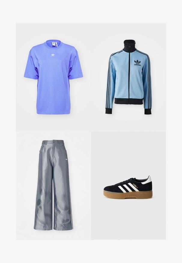 Jachetă de trening Adidas de culoare albastru deschis, cu guler, manșete și tiv negre, trei dungi negre pe mâneci și logo-ul Adidas pe pieptul stâng.; adidas Originals TEE - Tricou basic - blue; Pantaloni cu picioare largi din material lucios gri, având dungi laterale albe și un model cu flăcări pe picioarele inferioare. Închidere cu nasture și fermoar la talie.; Pantof sport negru din piele întoarsă, cu trei dungi albe și siglă aurie. Talpă de gumă cu aderență texturată. Design clasic cu talpă joasă, vârf rotunjit.