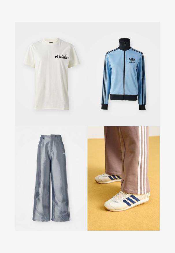 Helles blaues Adidas-Trainingsjacke mit schwarzem Kragen, Bündchen und Saum, drei schwarzen Streifen auf den Ärmeln und dem Adidas-Logo auf der linken Brust.; Weißes Baumwoll-T-Shirt mit Rundhalsausschnitt und kurzen Ärmeln, das auf der linken Seite ein schwarzes "ellesse"-Logo aufweist. Weicher Stoff, lockere Passform.; Weite Hose aus glänzendem grauem Material, ausgestattet mit weißen seitlichen Streifen und einem Flammenmuster an den Unterschenkeln. Knopf- und Reißverschlussverschluss an der Taille.; Cremfarbene Sneaker mit blauen Wildlederstreifen, weißen Schnürsenkeln und einer Gummisohle. Kombiniert mit grauen Jogginghosen mit weißen Seitenstreifen.