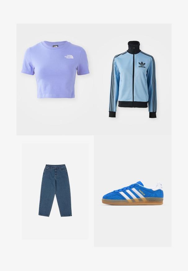 Gaiši zils Adidas sporta jakas ar melnu apkakli, aprocēm un apakšmalu, trīs melnām svītrām uz piedurknēm, un Adidas logo kreisajā krūtī.; Izgriezta, ar īsām piedurknēm t-kreklu viegli purpura kokvilnā ar apaļu izgriezumu. Uz kreisā krūšu laukuma atrodas balta logo.; Zilā džinsu auduma bikses ar brīvu piegriezumu, augstu jostasvietu, piecu kabatu dizainu un šuvju akcentiem. Iekļauts pogu un rāvējslēdzēja aizdare.; Zila zamšādas sporta apavi ar baltām svītrām un tekstu "Gazelle". Aprīkoti ar gumijas zoli un teksturētām akcentiem augšējā daļā. Klasisks dizains.