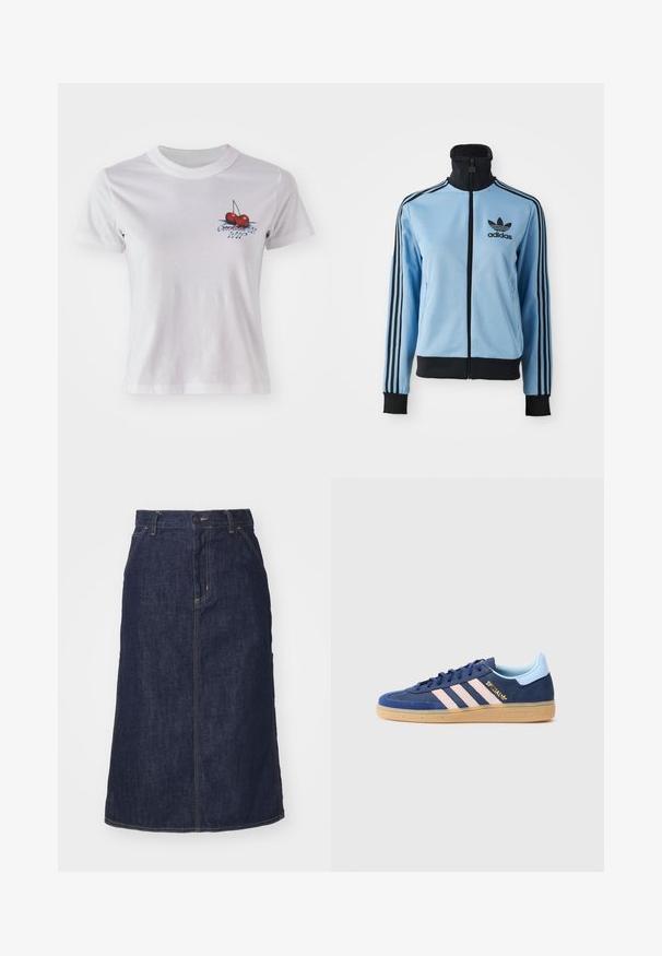 Light blue Adidas track jacket with black collar, cuffs, hem, three black stripes on sleeves, and Adidas logo on left chest.; White cotton t-shirt featuring a cherry graphic and text "Conchita WIP" in blue. Short sleeves and a crew neck design.; Dark denim skirt with a high waist, straight cut, front pockets, and stitched seams. Features a zip and button closure at the waist.; Blue suede sneaker with three pink stripes, gum sole, and subtle branding. Features a contrasting light blue heel tab and textured toe box.