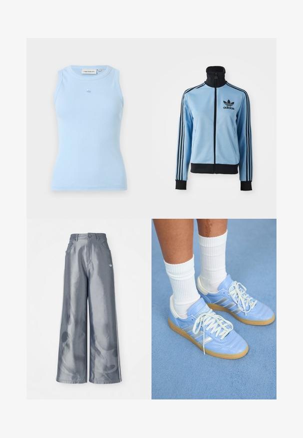 Světle modrá sportovní bunda Adidas se černým límcem, manžetami, spodním lemem, třemi černými pruhy na rukávech a logem Adidas na levé straně hrudi.; Svetle modrý žebrovaný top bez rukávů s kulatým výstřihem a malým logem na hrudi. Vyrobeno z měkkého, pružného materiálu.; Kalhoty s širokými nohavicemi z lesklého šedého materiálu, se bílými bočními pruhy a plamenným vzorem na spodní části nohavic. Zapínání na knoflík a zip v pase.; Světlé modré kožené tenisky s bílými akcenty, plochými tkaničkami a gumovou podrážkou, v kombinaci s bílými žebrovanými crew ponožkami na modrém povrchu.