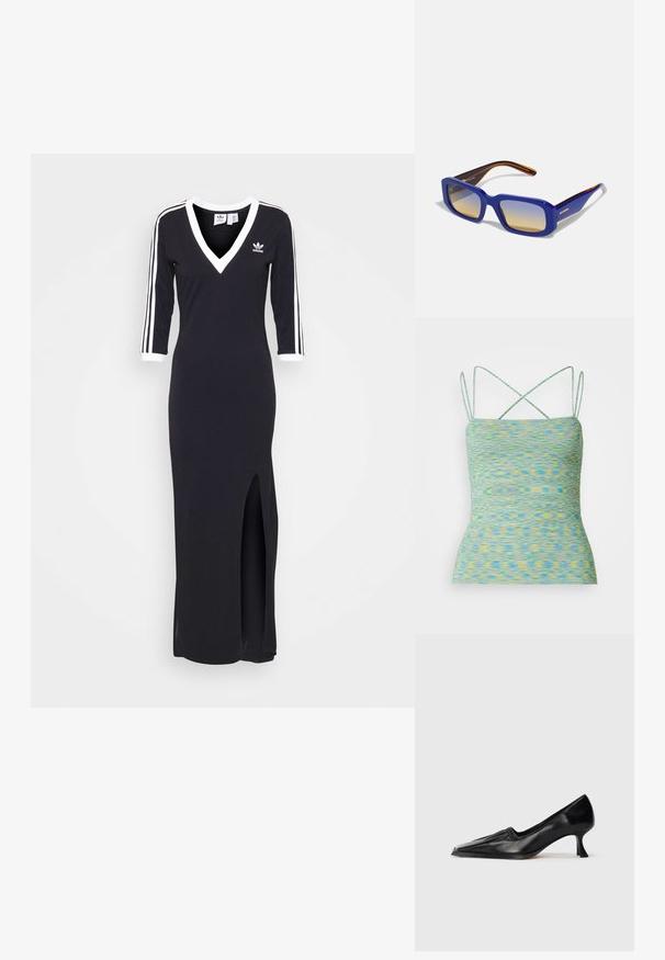 Jasnoniebieska kurtka treningowa Adidas z czarnym kołnierzem, mankietami i dołem, trzema czarnymi paskami na rękawach oraz logo Adidas po lewej stronie na klatce piersiowej.; Lekki, bezrękawnik w wielokolorowy wzór w odcieniach niebieskiego i żółtego. Posiada krzyżujące się ramiączka i dopasowany krój.; Czarna sukienka z długim rękawem i dekoltem w kształcie litery V, z białymi paskami wzdłuż rękawów oraz bocznym rozcięciem. Wykonana z miękkiego materiału, z małym logo na klatce piersiowej.; Czarne skórzane buty na średnim obcasie ze kwadratowym noskiem i delikatnym marszczeniem wzdłuż górnej krawędzi, przedstawione w profilu bocznym na białym tle.; Niebieskie prostokątne okulary przeciwsłoneczne z gradientowymi soczewkami od jasnego do ciemnego. Oprawa ma pomarańczowy akcent na ciemno-brązowych zausznikach.
