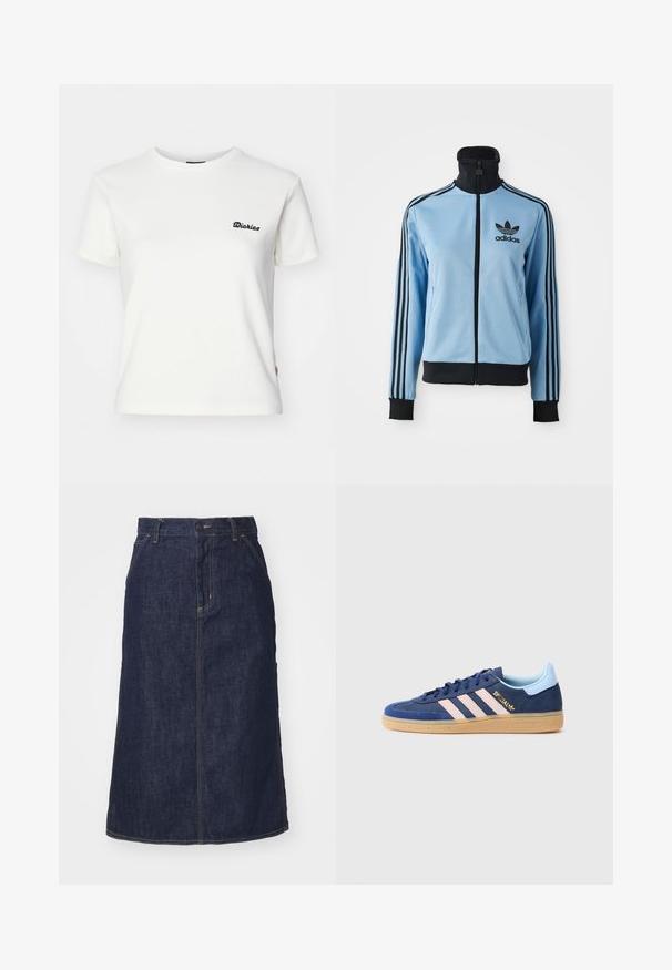 Šviesiai mėlyna Adidas sportinė striukė su juodu kaklu, rankogaliais, apatine dalimi, trimis juodomis juostelėmis ant rankovių ir Adidas logotipu kairėje krūtinės pusėje.; Balti trumpu rankoviu marškiniai, pagaminti iš minkštos medvilnės, su mažuoju juodu "Dickies" logotipu kairėje krūtinės pusėje ir šiek tiek prigludusia forma.; Tamsiai mėlynas džinsinis sijonas su aukštu liemeniu, tiesiu kirpimu, priekinėmis kišenėmis ir siūlėmis. Turi užtrauktuką ir sagą liemenyje.; Mėlyni suede sportbačiai su trimis rožinėmis juostelėmis, guminis padas ir subtilus prekės ženklas. Yra kontrastingas šviesiai mėlynas kulno skyrius ir tekstūruotas pirštų dėklas.