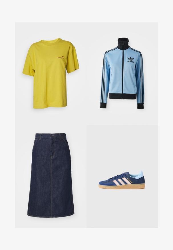 Giacca da allenamento Adidas di colore blu chiaro con colletto, polsini e orlo neri, tre strisce nere sulle maniche e logo Adidas sul petto sinistro.; Carhartt WIP AMERICAN SCRIPT - T-shirt basic - golden olive; Gonna di jeans scuro con vita alta, taglio dritto, tasche frontali e cuciture a vista. Presenta una chiusura con zip e bottone in vita.; Sneaker blu scamosciato con tre strisce rosa, suola in gomma e branding discreto. Presenta un tab sul tallone di un blu chiaro a contrasto e una punta testurizzata.
