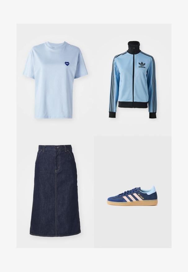 Vaaleansininen Adidas-urheilu takki, jossa on musta kaulus, hihansuut ja helma, kolme mustaa raitaa hihoissa sekä Adidas-logo vasemmassa rintamuksessa.; Vaaleansininen lyhythihainen t-paita, joka on valmistettu pehmeästä puuvillasta ja jossa on pieni sininen sydänlogo vasemmassa rintakehässä. Pyöreä kaula-aukko, rento istuvuus.; Tummansininen farkkuhame, jossa on korkea vyötärö, suora leikkaus, etutaskut ja ommellut saumat. Hameessa on vetoketju- ja nappikiinnitys vyötäröllä.; Sininen mokkanahkainen sneakeri, jossa on kolme vaaleanpunaista raitaa, kumipohja ja hillitty brändäys. Ominaisuuksiin kuuluu erottuva vaaleansininen kantapää ja teksturoitu varvas.