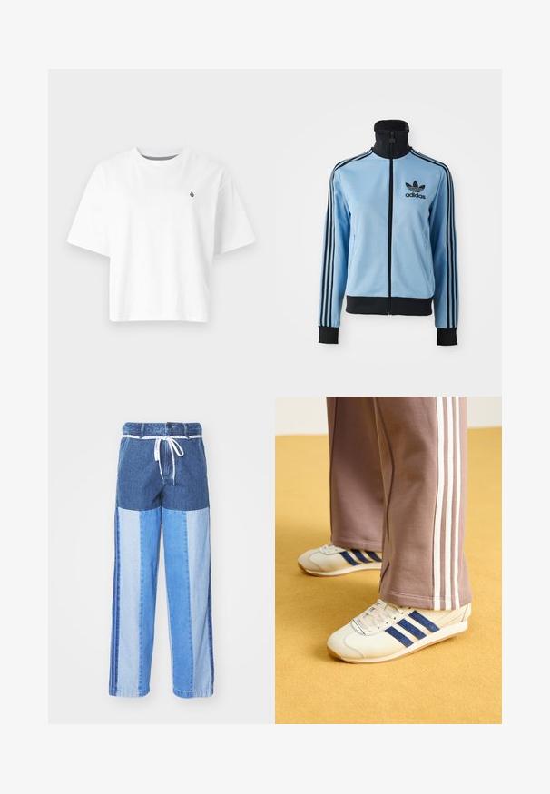 Vaaleansininen Adidas-urheilu takki, jossa on musta kaulus, hihansuut ja helma, kolme mustaa raitaa hihoissa sekä Adidas-logo vasemmassa rintamuksessa.; Valkoinen puuvillapaita, lyhythihainen, cropped-malli, pyöreä kaula-aukko, jossa on pieni musta logo vasemmassa rinnassa.; Siniset farkut, joissa on erilaisia sinisen sävyjä sisältävä palapeli-tyylinen suunnittelu, kiristysnyöri vyötäröllä sekä löysät suorat lahkeet.; Kreemi kengät sinisillä mokkanahka raidoilla, valkoisilla nauhoilla ja kumipohjalla. Yhdistetty harmaisiin verkkareihin, joissa on valkoiset sivuraidat.