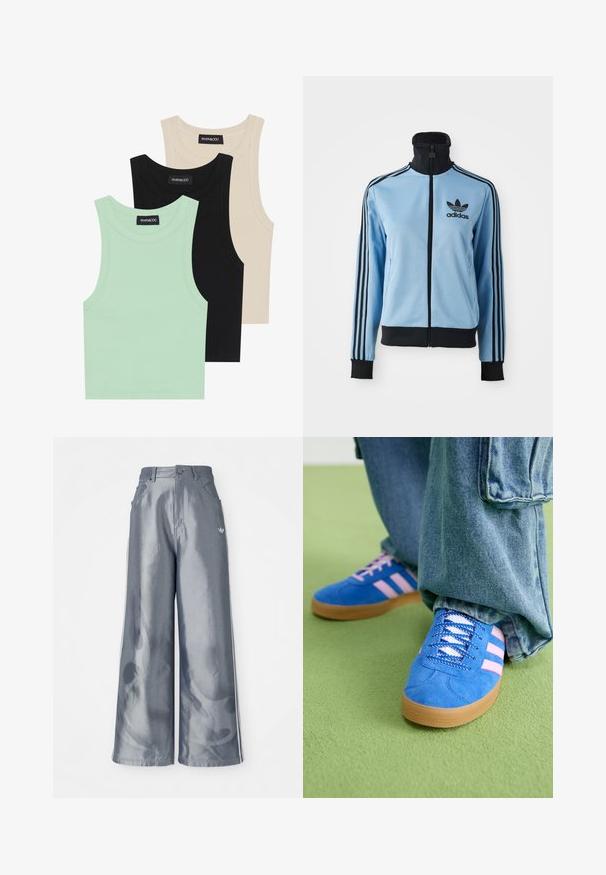 Lyseblå Adidas træningsjakke med sort krave, manchetter og kant, tre sorte striber på ærmerne og Adidas-logo på venstre bryst.; Tre tank toppe i mintgrøn, sort og beige; lavet af ribbet stof med rund hals og uden ærmer. Mærket er synligt.; Bredde benbukser i skinnende grå materiale med hvide sidelookstriber og et flammemønster på underbenene. Knap- og lynlåslukning i taljen.; Blå ruskindsko med pink striber og hvide snørebånd, med en sål af gummi, parret med løse denimbukser på en grøn overflade.