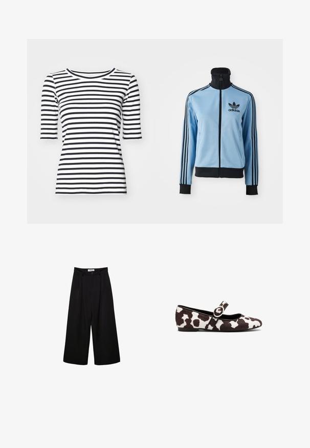 Helles blaues Adidas-Trainingsjacke mit schwarzem Kragen, Bündchen und Saum, drei schwarzen Streifen auf den Ärmeln und dem Adidas-Logo auf der linken Brust.; Schwarz-weiß gestreiftes T-Shirt mit Rundhalsausschnitt und kurzen Ärmeln, aus glattem, dehnbarem Stoff. Mit gleichmäßigen horizontalen Streifen.; Schwarze weite Hosen mit hoher Taille, gefaltetem Vorderteil und Knopfverschluss. Aus glattem Stoff mit maßgeschneidertem Design.; Ballettflats aus weißen und braunen Kuhfell mit rundem Zehenbereich und einem Riemen mit einer runden Schnallendetail. Flache Sohle.