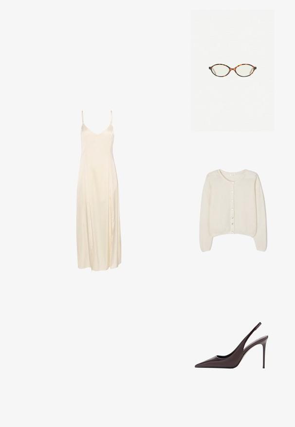American Vintage VITO - Cardigan - blanc; Abito slip in satin avorio con spalline sottili, scollatura a V profonda e design fluido lungo fino alla caviglia. Texture liscia e cuciture minime.; Pompe slingback con tacco alto in pelle verniciata color bordeaux, con punta affilata e sottile tacco a stiletto. Texture morbida e design minimalista.; Occhiali in tartaruga con lenti ovali e una finitura liscia e elegante. Presentano aste sottili con una leggera curva alle tempie. Lenti trasparenti.