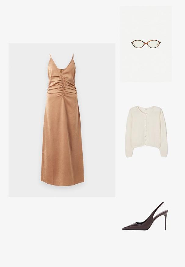 American Vintage VITO - Cardigan - blanc; Brun, ærmeløs maxikjole med V-udskæring og samlet detaljering langs siderne. Glat tekstur med subtilt mønster, falder til anklerne.; Burgunderfarvet patentlæder slingback-pumpe med høje hæle, spids tå og slank stiletto-hæl. Glat tekstur og minimalistisk design.; Skildpaddebriller med ovale linser og en elegant, glat finish. Har tynde sider med en subtil kurve ved tindingerne. Klare linser.