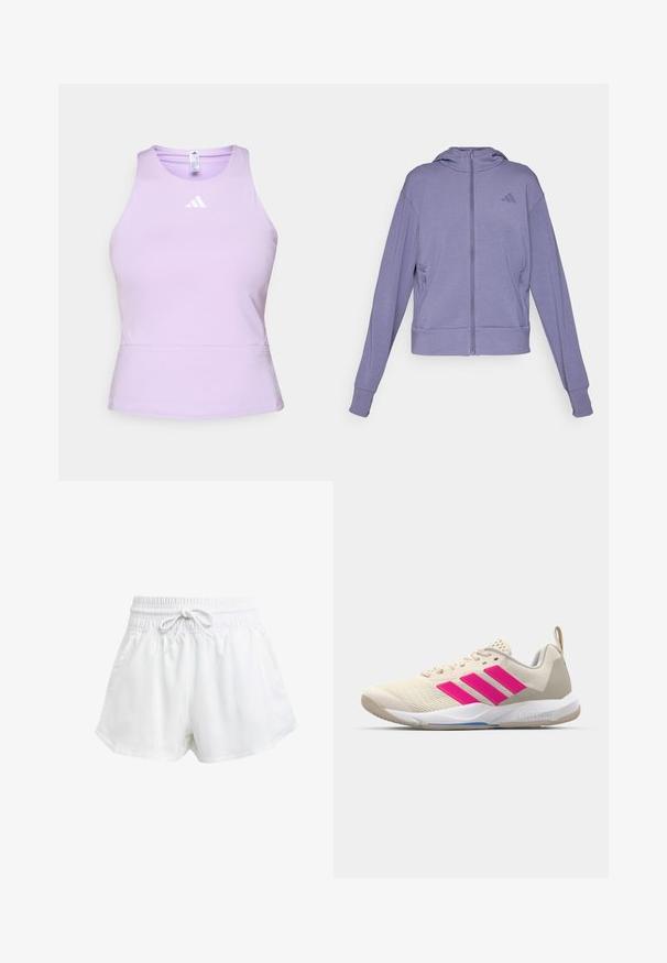 Lilla zip-up hettegenser laget av myk stoff. Har hette, to sidelommer og ribbestrikkede mansjetter med et preget logo på brystet.; Lilla treningstop laget av glatt stoff med en tettsittende design, med rund hals og en hvit Adidas-logo på brystet.; Hvite sportsbukser med elastisk midje og justerbar snor. Laget av lett materiale, med sidelommer og løs passform.; Beige atletik sko med rosa tre-stripes logo, teksturert mesh-overdel, polstret krage og hvit gummisåle, med "LIGHTSTRIKE" merke.