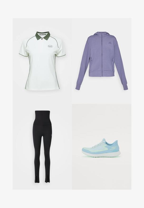 Μωβ φούτερ με φερμουάρ κατασκευασμένο από μαλακό ύφασμα. Διαθέτει κουκούλα, δύο πλαϊνές τσέπες και ριχτά μανίκια με ανάγλυφο λογότυπο στο στήθος.; EA7 Emporio Armani GOLF PRO - Πόλο - star white; adidas by Stella McCartney Κολάν - black; Φωτεινό μπλε αθλητικό παπούτσι με διχτυωτό επάνω μέρος, στρογγυλή μύτη, μαξιλαρωτή σόλα και ανακλαστικές λεπτομέρειες. Διαθέτει κορδόνια και υποστηρικτική φτέρνα.