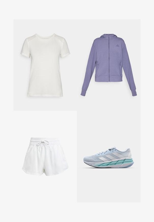 Purple zip-up hoodie made of soft fabric. Features a hood, two side pockets, and ribbed cuffs with an embossed logo on the chest.; White short-sleeve t-shirt made of soft fabric, featuring a round neckline and a relaxed fit with smooth, seamless shoulder accents.; White athletic shorts with an elastic waistband and adjustable drawstring. Made from lightweight material, featuring side pockets and a loose fit.; Light blue athletic shoes with a textured knit upper, white accents, and a transparent green midsole. Rounded toe and padded collar.