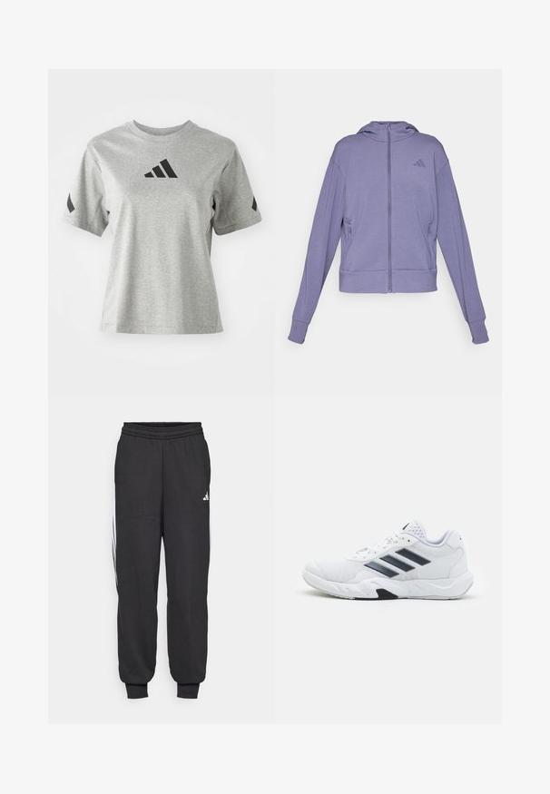 Violet zip-up džemperis pagamintas iš minkštos medžiagos. Jame yra gobtuvas, dvi šoninės kišenės ir raukšlėti rankogaliai su iškilniu logotipu ant krūtinės.; Pilkas apvalaus kaklo marškinėliai, pagaminti iš minkštos medžiagos, su juodu Adidas logotipu ant krūtinės ir juodomis detalėmis ant rankovių.; Juodos sportinės kelnės su elastinga juosmens juosta, siaurėjančiomis kulkšnimis ir baltomis šoninėmis juostelėmis. Pagamintos iš minkštos medžiagos su lygiu paviršiumi.; Baltas sportinis batelis su tinklelio viršumi, trimis juodomis juostelėmis šone, tekstūruotais akcentais ir tvirtu guminio pado su kontrastinga juoda dalimi.