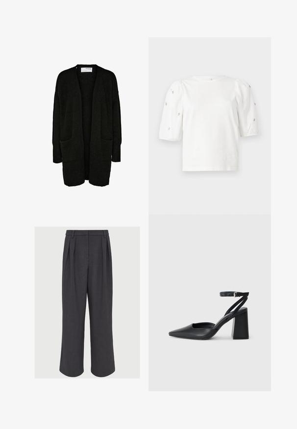 Juodas megztinis, pagamintas iš minkštos, tekstūruotos medžiagos, atviras priekinis dizainas, ilgomis rankovėmis ir dviem priekinėmis kišenėmis. Paprastas ir universalaus stiliaus.; Balta medvilnės marškinėliai trumpomis pūstomis rankovėmis, papuošti mažomis sidabrinėmis detalėmis ant rankovių. Klasikinis apvalus iškirpimas, laisvas siluetas.; Platus kojų kelnės tamsiai pilkos spalvos audinio, su priekiniu raukšlėjimu, lygiu paviršiumi ir prisiūta juosta su diržo kilpomis.; Juoda odinė smailiagalė aukštakulnio bateliai su kulkšnies dirželiu ir storu kulnu. Lygus paviršius, elegantiškas dizainas ir minimalistiška estetinė.