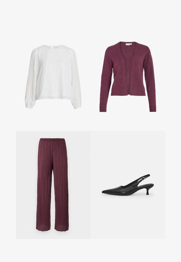 Bordeaux cardigan med åben front, lange ærmer, ribbede manchetter og kant. Lavet af blødt strikstof med en let tekstur.; Hvid langærmet bluse med subtil bølget teksturmønster, rund halsudskæring og knaplukning bagpå.; Plissé-bukser i dyb burgunder med elastisk talje, der har et flydende, bredbenet design og lodrette plisseringer over det hele.; Sort læder slingback-sko med spids tå og en slank, buet hæl. Har en diskret justerbar rem med en metalspænde.