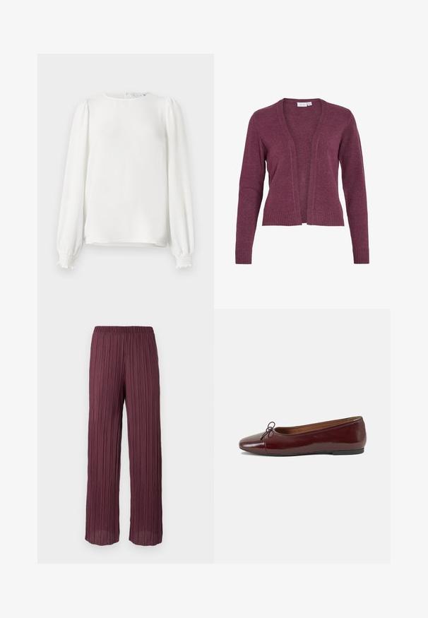 Bordo kardigan s otvorenim prednjim dijelom, dugim rukavima, rebrastim manžetama i rubom. Izrađen od mekanog pletenog materijala s laganom teksturom.; Bijela bluzica dugih rukava izrađena od lagane tkanine, s okruglim izrezom, nabranim puff rukavima i elastičnim manžetama.; Nabrane hlače u tamnoj burgundi s elastičnim pojasom, s lepršavim, širokim nogavicama i vertikalnim naborima kroz cijelu dužinu.; Burgundska lakirana balerinka s zaobljenim vrhom, malim mašnom sprijeda i niskom, crnom gumenom potplatu. Glatka tekstura.