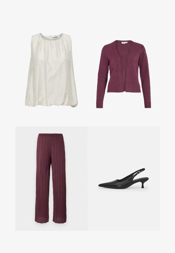 Burgundský kardigán s otvorenou prednou časťou, dlhými rukávmi, rebrovanými manžetami a lemom. Vyrobený z jemnej pleteniny s ľahkou štruktúrou.; Bezrukávový biely top s jemným textúrovaným vzorom, so zaobleným výstrihom a zberaným pásom pre uvoľnený strih.; Plisované nohavice v hlbokej burgundskej farbe s elastickým pásom, s voľným strihom a širokými nohavicami a vertikálnymi záhybmi po celom obvode.; Čierne kožené sandále s úzkym špičatým prstom a štíhlym zakriveným podpätkom. Majú diskrétny nastaviteľný popruh s kovovou sponou.