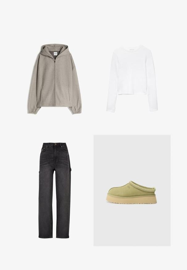 Grå zip-up hoodie med huva, långa ärmar och sidofickor. Tillverkad av ett mjukt, strukturerat tyg med ribbade ärmslut. Enkel, minimal design.; Vit långärmad kort skjorta i mjukt tyg, med rund halsringning och enkel, sömlös design utan utsmyckningar.; Högmidjade cargoj jeans i svart denim med bred bendesign, sidofickor och subtila blekningsdetaljer. Hållbart tyg och kontrastbroderi.; UGG TAZZ II - Clogs - muted brass