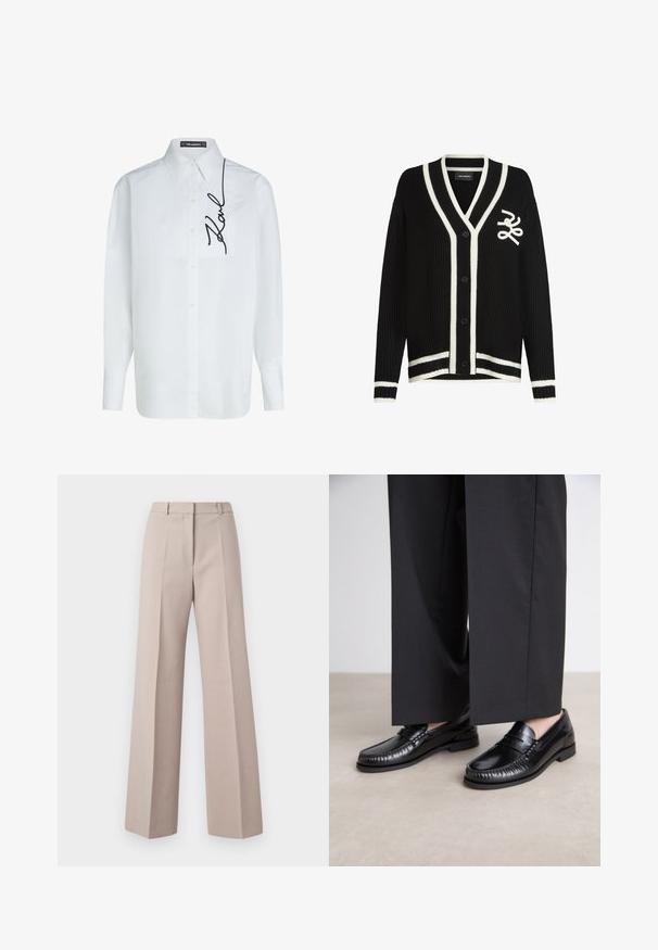 Cardigan nero a coste con accenti a strisce bianche, dotato di scollo a V, chiusura con bottoni e un logo ricamato sul petto.; Camicia bianca in cotone a maniche lunghe con chiusura davanti a bottoni, dotata di taschino sinistro sul petto e ricamo nero con la firma "Karl" sul lato.; Pantaloni a gamba larga beige realizzati in un tessuto liscio, caratterizzati da una vita alta, pieghe frontali e una silhouette sartoriale.; Mocassini in pelle nera con una finitura liscia, dettagli cuciti attorno alla punta e suola in gomma bassa. Abbinati a pantaloni neri larghi.
