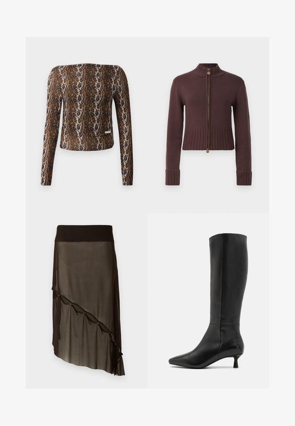 Tmavě hnědá žebrovaná pletená zateplovací bunda na zip s vysokým límcem, dlouhými rukávy a květinovými táhly na zip.; Top s dlouhým rukávem a zvířecím potiskem, zkrácený střih, hladký materiál, hnědo-černá barevná paleta a jemný logo akcent na lemu.; Černá síťovaná sukně s přiléhavým pasem, asymetrickým lemem, dekorativními knoflíky po přední straně a vrstvenou průhlednou texturou.; Zign Vysoká obuv - black