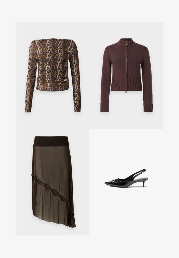 Tumepruun ribadega kudum zip-up kardigan kõrge kaelusega, pikkade varrukatega ja lillelise tõmblukuga.; Leopardi mustriga pika varrukaga lühike topp, millel on sile tekstuur, pruun ja must värvipalett ning tagasihoidlik logo aktsent alläärs.; Must mustri seelik, millel on sobiv vöökoht, asümmeetriline äär, dekoratiivsed nupud ees ja kihiline läbipaistev tekstuur.; Musthave nahkased kõrged kontsad, millel on terav varvas, väike kitten-kont ja dekoratiivne sõlm ees. Ühtlane sile tekstuur.