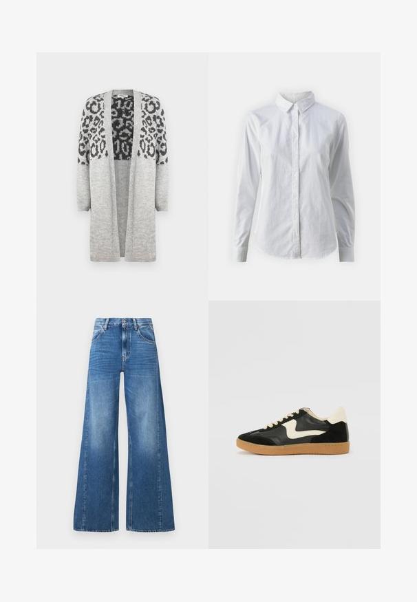 Sivi pleteni kardigan s dugim rukavima i otvorenim prednjim dijelom. Sadrži crni uzorak leoparda na gornjem dijelu. Mekana tekstura.; Bjela košulja na dugih rukava od glatkog pamuka, s klasičnom kragnom i zakrivljenim rubom. Dugmad su mala i bijela.; Široke plave traperice s visokim strukom, s prednjim džepovima i izbljeđenim izgledom, izrađene od pamuka s glatkom teksturom.; Crna nubuk i kožna tenisica s kremastim bočnim swooshom i svijetlom kremastom petom. Sadrži bež vezice i gumu na potplatu.