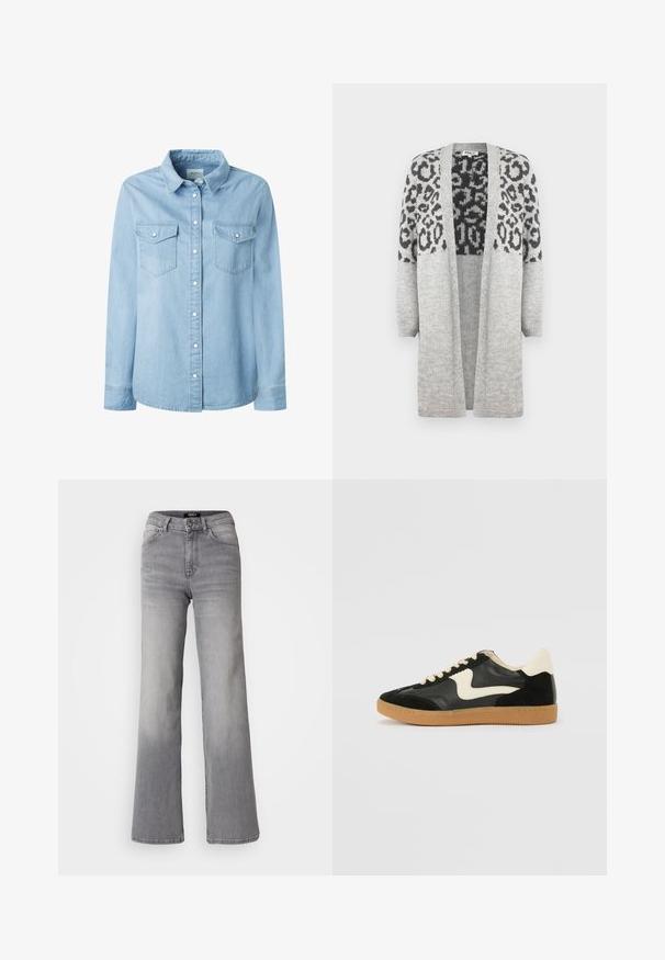 Cardigan grigio lavorato a maglia con maniche lunghe e apertura frontale. Presenta un motivo leopardato nero nella parte superiore. Texture morbida.; Camicia di jeans blu chiaro con colletto classico, maniche lunghe e due tasche sul petto. Presenta una chiusura con bottoni e dettagli di cucitura robusti.; Jeans in denim grigiop con vita alta e gamba dritta, con bottone e cerniera frontali, tasche anteriori e posteriori, e sfumature sbiadite su cosce e polpacci.; Sneaker nera in suede e pelle con un sorriso laterale crema e un tallone di un leggero crema. Presenta lacci beige e una suola in gomma color caramello.