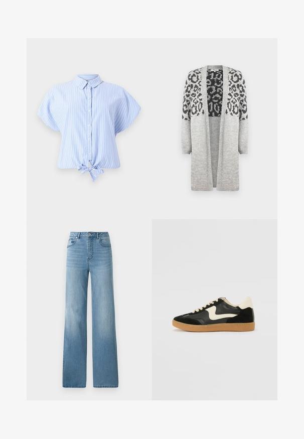 Pilkas megztinis su ilgomis rankovėmis ir atviru priekiu. Aukščiau puikuojasi juodas leopardų raštas. Minkšta tekstūra.; Šviesiai mėlyna pakraščiais trumpomis rankovėmis mygtukinė palaidinė su baltomis vertikaliomis juostelėmis ir priekiu surišamu detaliu, pagaminta iš švelnaus audinio, laisvo kirpimo.; Šviesiai mėlynos aukšto liemens džinsai su tiesiu sijonu. Pagaminti iš džinsinio audinio, su penkiomis kišenėmis ir mygtukų uždarymu.; Juodos zomšo ir odos sportinės bateliai su kreminiu šoniniu swoosh ir šviesiai kreminiu kulnu. Ypatybės - smėlio spalvos raišteliai ir guminis padas.