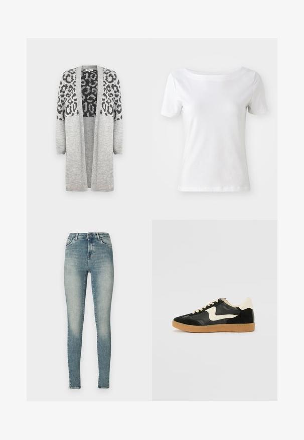 Cardigan gris de punto con mangas largas y frontales abiertos. Presenta un diseño de estampado de leopardo negro en la parte superior. Textura suave.; T-shirt blanca de manga corta hecha de algodón, con cuello barco y una textura suave. Diseño simple y sin adornos.; Vaqueros ajustados de mezclilla azul clara, con una cintura alta, un ligero desgastado, cinco bolsillos y cierre de cremallera con botón.; Zapatillas de deporte de ante y cuero negro con un swoosh lateral en crema y un talón en crema claro. Presenta cordones beige y una suela de goma marrón.