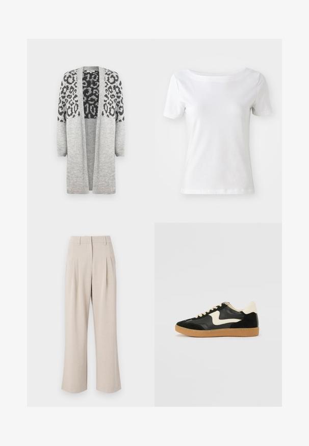 Cardigan grigio lavorato a maglia con maniche lunghe e apertura frontale. Presenta un motivo leopardato nero nella parte superiore. Texture morbida.; T-shirt bianco a maniche corte realizzato in cotone, con scollo a barca e una trama liscia. Design semplice e privo di decorazioni.; Pantaloni beige a gamba larga con vita alta, caratterizzati da pince frontali, una texture liscia e un design sagomato. Nessuna tasca visibile o decorazioni.; Sneaker nera in suede e pelle con un sorriso laterale crema e un tallone di un leggero crema. Presenta lacci beige e una suola in gomma color caramello.