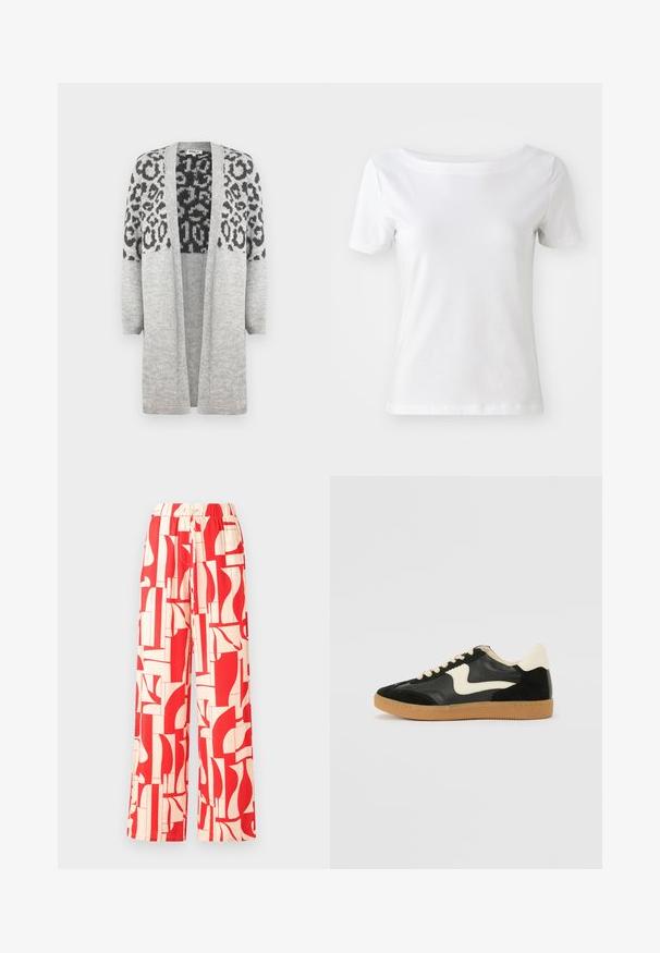 Gray knitted cardigan with long sleeves and an open front. Features a black leopard print design on the upper part. Soft texture.; White short-sleeve t-shirt made of cotton with a boat neckline and a smooth texture. Simple and unadorned design.; Red patterned wide-leg pants featuring an elastic waistband, comprised of lightweight fabric with abstract shapes in red and cream.; Black suede and leather sneaker with a cream side swoosh and light cream heel. Features beige laces and a gum rubber outsole.