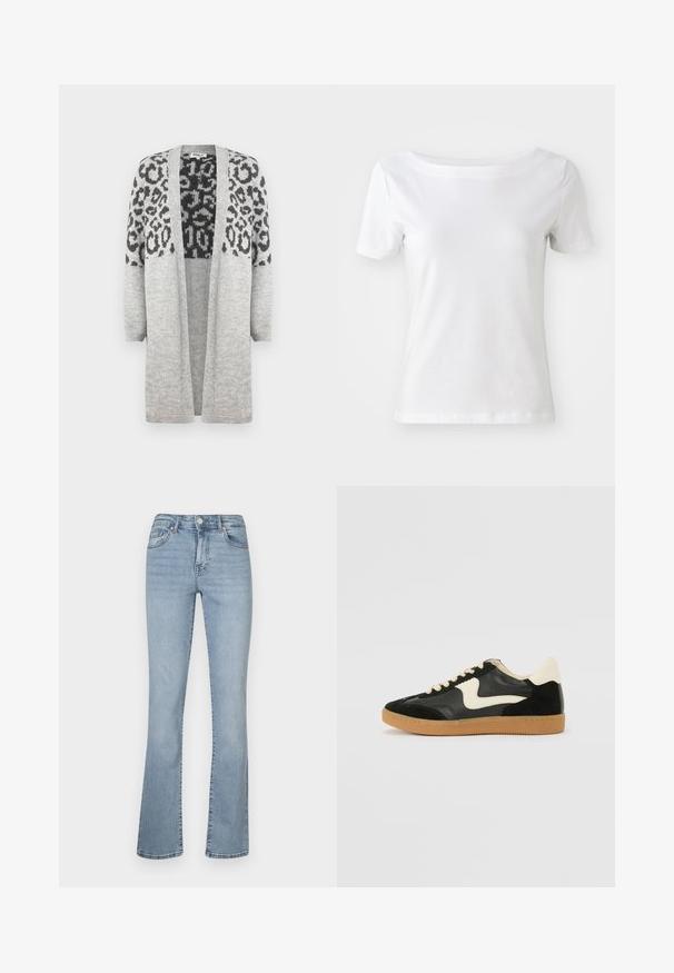 Siva pletena jopica z dolgimi rokavi in odprtim sprednjim delom. Ima črn leopardi vzorec na zgornjem delu. Mehka tekstura.; Bela majica s kratkimi rokavi iz bombaža z odprtim izrezom in gladko teksturo. Preprost in neokrašen dizajn.; Svetlo modri razširjeni džins hlače s visokim pasom, z zadrgo in gumbom, petimi žepi ter subtilnim zbledelostjo po nogah.; Črne semiš in usnjene superge s kremasto stransko puščico in svetlo kremasto peto. Imajo bež čipke in gumijast podplat.