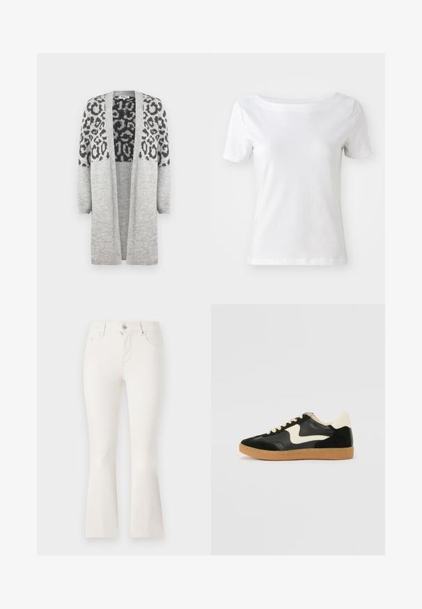 Pilkas megztinis su ilgomis rankovėmis ir atviru priekiu. Aukščiau puikuojasi juodas leopardų raštas. Minkšta tekstūra.; Balta trumpa rankovėmis marškinėliai iš medvilnės, su plačiu kaklu ir lygiu paviršiumi. Paprastas ir be puošmenų dizainas.; Balti plačiakampiai džinsai, pagaminti iš džinsinio audinio, su prigludusia liemene, penkiomis kišenėmis ir priekiniais užtrauktukais. Lygus paviršius ir švarus dizainas.; Juodos zomšo ir odos sportinės bateliai su kreminiu šoniniu swoosh ir šviesiai kreminiu kulnu. Ypatybės - smėlio spalvos raišteliai ir guminis padas.