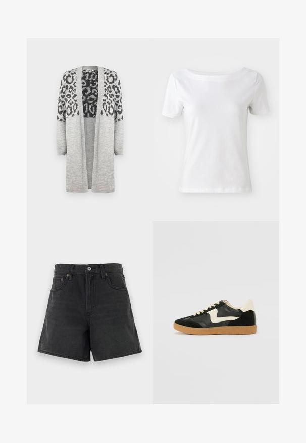 Harmaa neulecardigan, jossa on pitkät hihat ja avoin etuosa. Yläosassa on musta leopardikuosisuunnittelu. Pehmeä rakenne.; Valkoinen lyhythihainen T-paita, joka on valmistettu puuvillasta, veneenauhalla ja sileällä tekstuurilla. Yksinkertainen ja koristamaton muotoilu.; Mustat farkkushortsit klassisella leikkauksella, jossa on nappisulku, viisi taskua ja minimaalinen ompelutyyli. Tasainen pinta.; Mustat mokka- ja nahkakengät, joissa on kermaisen valkoinen sivupainatus ja vaalea kermaisine kantapää. Varustettu beigeillä nauhoilla ja kumista valmistetulla ulkopohjalla.