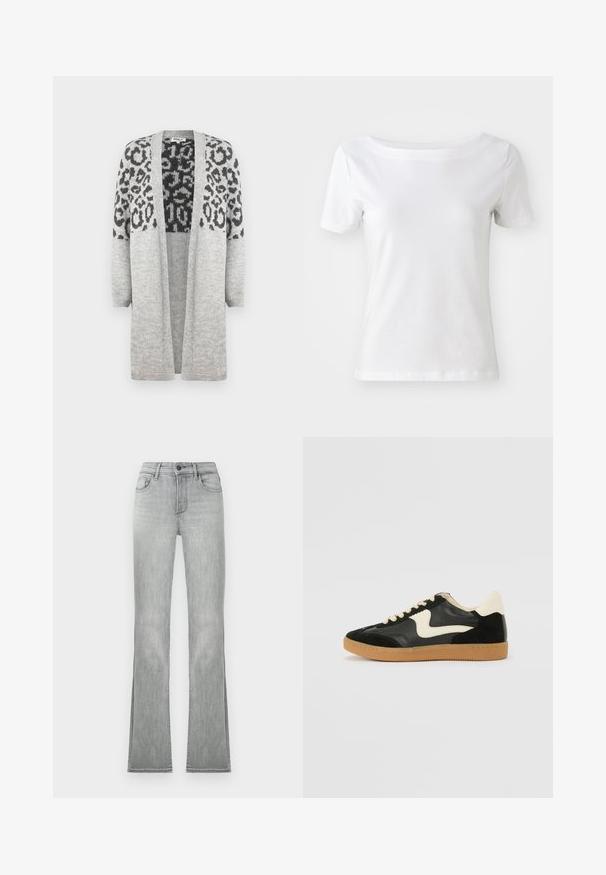 Pelēks adīts kardigans ar garām piedurknēm un atvērtu priekšpusi. Augšējā daļā ir melns leopards apdruka. Mīksta tekstūra.; Baltās īsām piedurknēm T-kreklu, kas izgatavots no kokvilnas, ar laivu formas kakla izgriezumu un gludu tekstūru. Vienkāršs un bez rotājumiem dizains.; Gai pelēki izpleši džinsi ar gludu denim tekstūru, ar priekšējiem kabatām un pogu aizdari. Apmalē ir sānu spraugas, lai pievienotu detalizāciju.; Melna zamšāda un ādas sporta apavi ar krēmkrāsas sānu svītru un gaiši krēmkrāsas papēdi. Ar beigu krāsas auklām un gumijas zole.