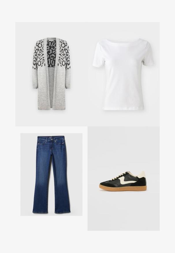 Sivi pleteni kardigan s dugim rukavima i otvorenim prednjim dijelom. Sadrži crni uzorak leoparda na gornjem dijelu. Mekana tekstura.; Bijela kratka majica s kratkim rukavima, izrađena od pamuka, s brodskim izrezom i glatkom teksturom. Jednostavan i neukrašen dizajn.; Tamno plavi traperice sa zvonolikim krojem, s pet džepova, dugmetom za zatvaranje i detaljima šivanja duž pojasnog dijela i džepova. Glatka tekstura.; Crna nubuk i kožna tenisica s kremastim bočnim swooshom i svijetlom kremastom petom. Sadrži bež vezice i gumu na potplatu.