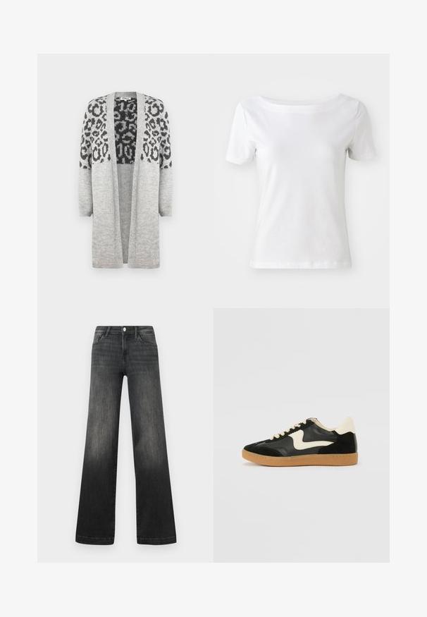 Cardigan en tricot gris avec des manches longues et un devant ouvert. Présente un motif léopard noir sur la partie supérieure. Texture douce.; T-shirt blanc à manches courtes en coton avec un col bateau et une texture lisse. Design simple et dépouillé.; Jeans noirs à jambes larges en denim délavé, avec des poches avant, une fermeture à bouton et des détails de couture subtils le long des coutures.; Baskets en daim et cuir noir avec un swoosh latéral crème et un talon crème clair. Dotées de lacets beige et d'une semelle en caoutchouc gomme.