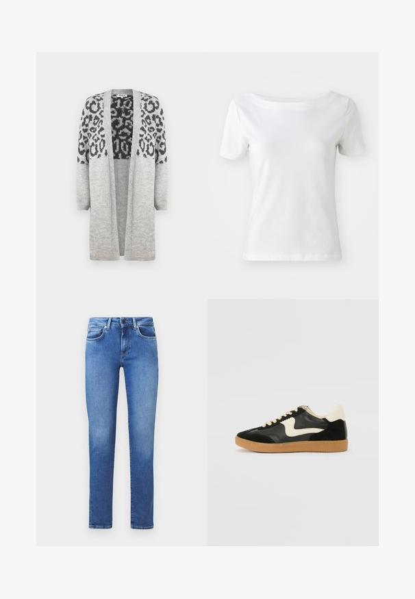 Hallikas kudumiga kardigan pikkade varrukatega ja avatud ees. Ülemises osas on must leopardimuster. Pehme tekstuur.; Valge lühikeste varrukatega t-särk, mis on valmistatud puuvillast, paadi kaelusega ja sileda tekstuuriga. Lihtne ja ilma kaunistusteta disain.; Sinine denimpüksid sirge lõikega, viie tasku kujundusega ja nööpidega kinnitusega. Kangas on sileda tekstuuriga ja kerge fade'iga.; Must musta ja nahast sneakersid, millel on koorevärvi külgsuund ja hele koorik. Omab beeži paelu ja kummi kummist välistalla.