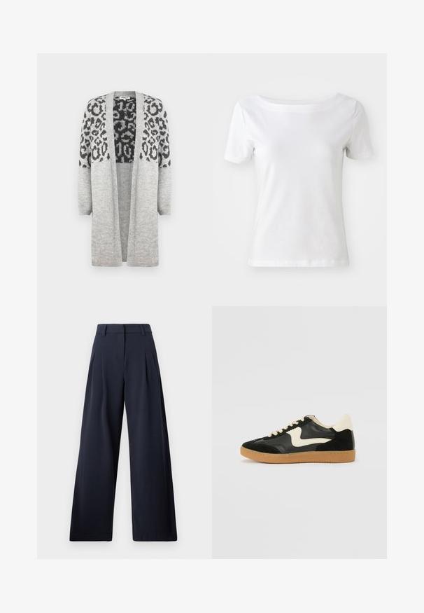 Szürke, kötött kardigán hosszú ujjakkal és nyitott elülső résszel. A felső részén fekete leopárd mintával díszített. Puha tapintású.; Fehér, rövid ujjú pamut póló, hajónyakú, sima textúrával. Egyszerű és díszítetlen dizájn.; Tengerészeti kék, széles szárú nadrág sima textúrával, elöl boxos redőkkel és klasszikus derekú fazonnal, amely a laza illeszkedést célozza meg.; Fekete velúr és bőr sneaker, krém színű oldalsó swoosh-sal és világos krém színű sarokkal. Beigézett fűzőkkel és gumi talppal rendelkezik.