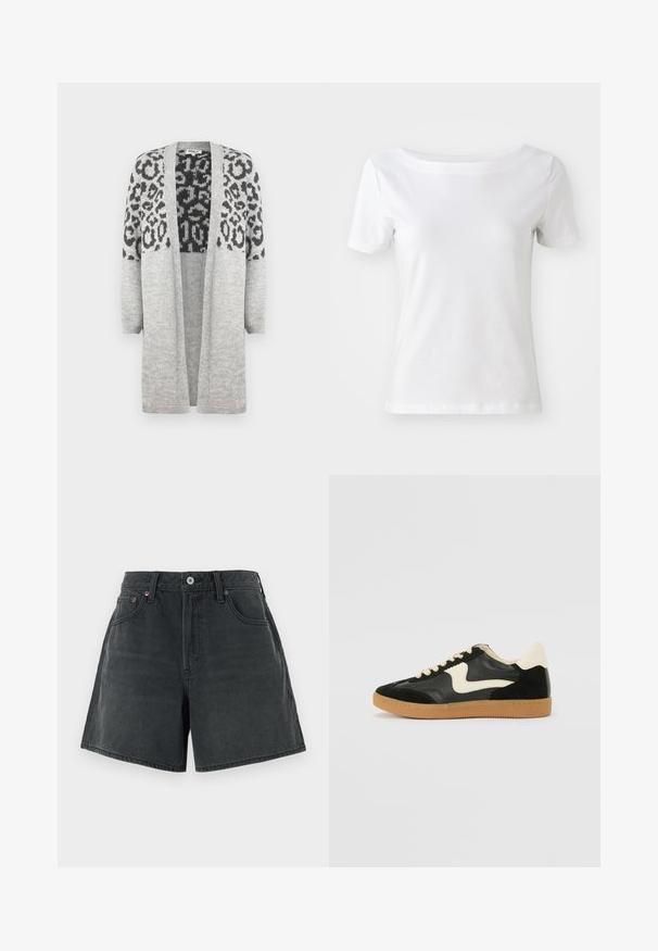 Grijze gebreide cardigan met lange mouwen en een open voorkant. Heeft een zwart luipaardprintontwerp op het bovenste gedeelte. Zachte textuur.; Witte korteblouse t-shirt van katoen met een bootnek en een gladde textuur. Eenvoudig en onopvallend ontwerp.; Denim shorts in donkergrijs, met een hoge taille, klassiek vijf-pocket ontwerp en een schone, rechte snit met een licht vervaagde textuur.; Zwarte suède en leren sneaker met een crèmekleurige zij-swoosh en lichte crèmekleurige hiel. Voorzien van beige veters en een gumrubberen zool.