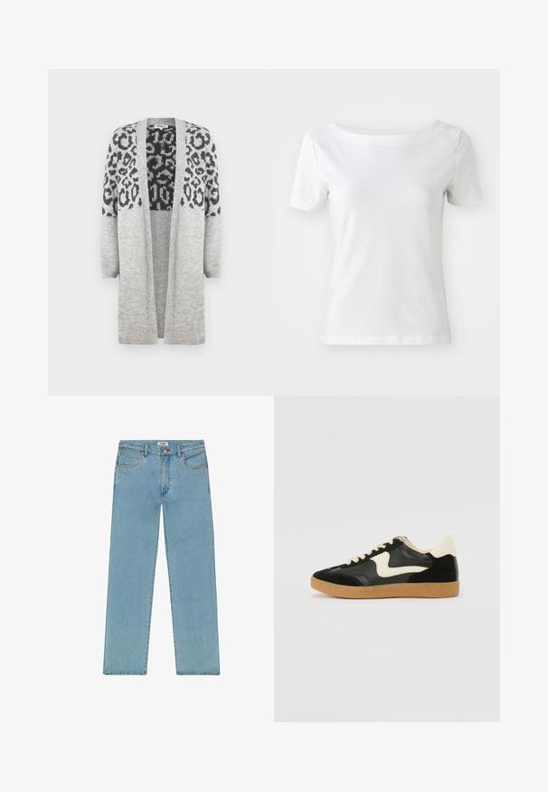 Szürke, kötött kardigán hosszú ujjakkal és nyitott elülső résszel. A felső részén fekete leopárd mintával díszített. Puha tapintású.; Fehér, rövid ujjú pamut póló, hajónyakú, sima textúrával. Egyszerű és díszítetlen dizájn.; Wrangler SUNSET - Egyenes szárú farmer - light stone; Fekete velúr és bőr sneaker, krém színű oldalsó swoosh-sal és világos krém színű sarokkal. Beigézett fűzőkkel és gumi talppal rendelkezik.