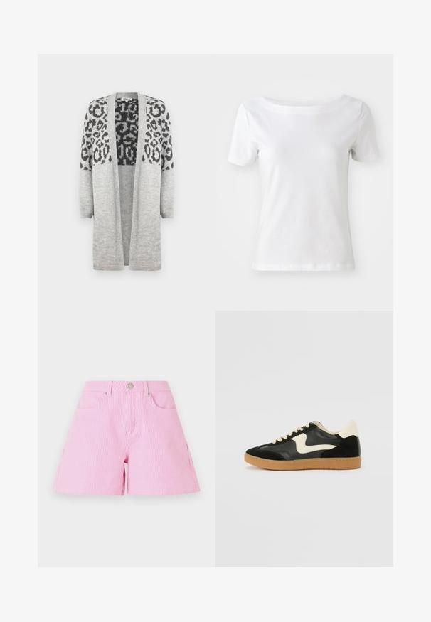 Cardigan gris de punto con mangas largas y frontales abiertos. Presenta un diseño de estampado de leopardo negro en la parte superior. Textura suave.; T-shirt blanca de manga corta hecha de algodón, con cuello barco y una textura suave. Diseño simple y sin adornos.; Pantalones cortos a rayas rosas y blancas con cierre de botón y cremallera, que cuentan con bolsillos frontales y un corte relajado. Tejido de algodón, textura suave.; Zapatillas de deporte de ante y cuero negro con un swoosh lateral en crema y un talón en crema claro. Presenta cordones beige y una suela de goma marrón.