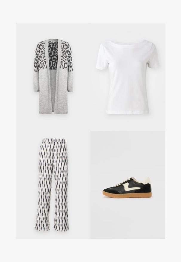 Szürke, kötött kardigán hosszú ujjakkal és nyitott elülső résszel. A felső részén fekete leopárd mintával díszített. Puha tapintású.; Fehér, rövid ujjú pamut póló, hajónyakú, sima textúrával. Egyszerű és díszítetlen dizájn.; Krém színű, széles lábú nadrág, amelyet ismétlődő sötétkék cseppmintázat díszít. Az elasztikus derékpánt és a puha textúra fokozza a kényelmet.; Fekete velúr és bőr sneaker, krém színű oldalsó swoosh-sal és világos krém színű sarokkal. Beigézett fűzőkkel és gumi talppal rendelkezik.