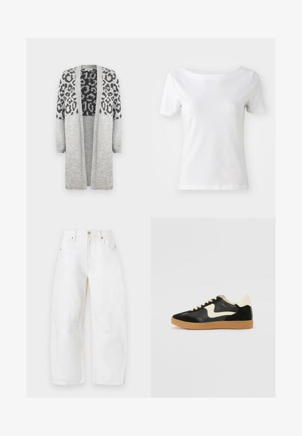 Siva pletena jopica z dolgimi rokavi in odprtim sprednjim delom. Ima črn leopardi vzorec na zgornjem delu. Mehka tekstura.; Bela majica s kratkimi rokavi iz bombaža z odprtim izrezom in gladko teksturo. Preprost in neokrašen dizajn.; Bele, široke denim hlače z gumba, petimi žepi in diskretnimi šivi. Mehka tekstura in sproščen dizajn. Brez vidnih poškodovanih delov.; Črne semiš in usnjene superge s kremasto stransko puščico in svetlo kremasto peto. Imajo bež čipke in gumijast podplat.